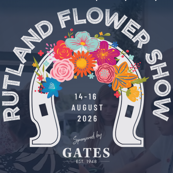 Rutland Flower Show 2026 promotional graphic with colorful flowers and horseshoe design