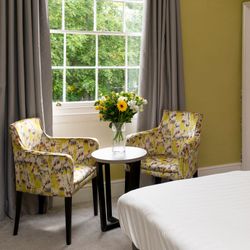 Double room with coffee table and lovely view of the trees outside