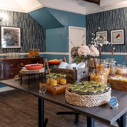 Cereals, fruit juices and fresh fruit served at breakfast