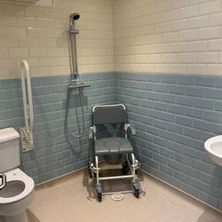 accessible wet room with blue tiles
