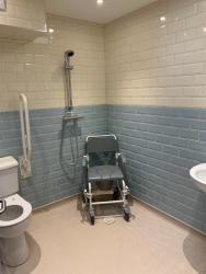 accessible wet room with blue tiles