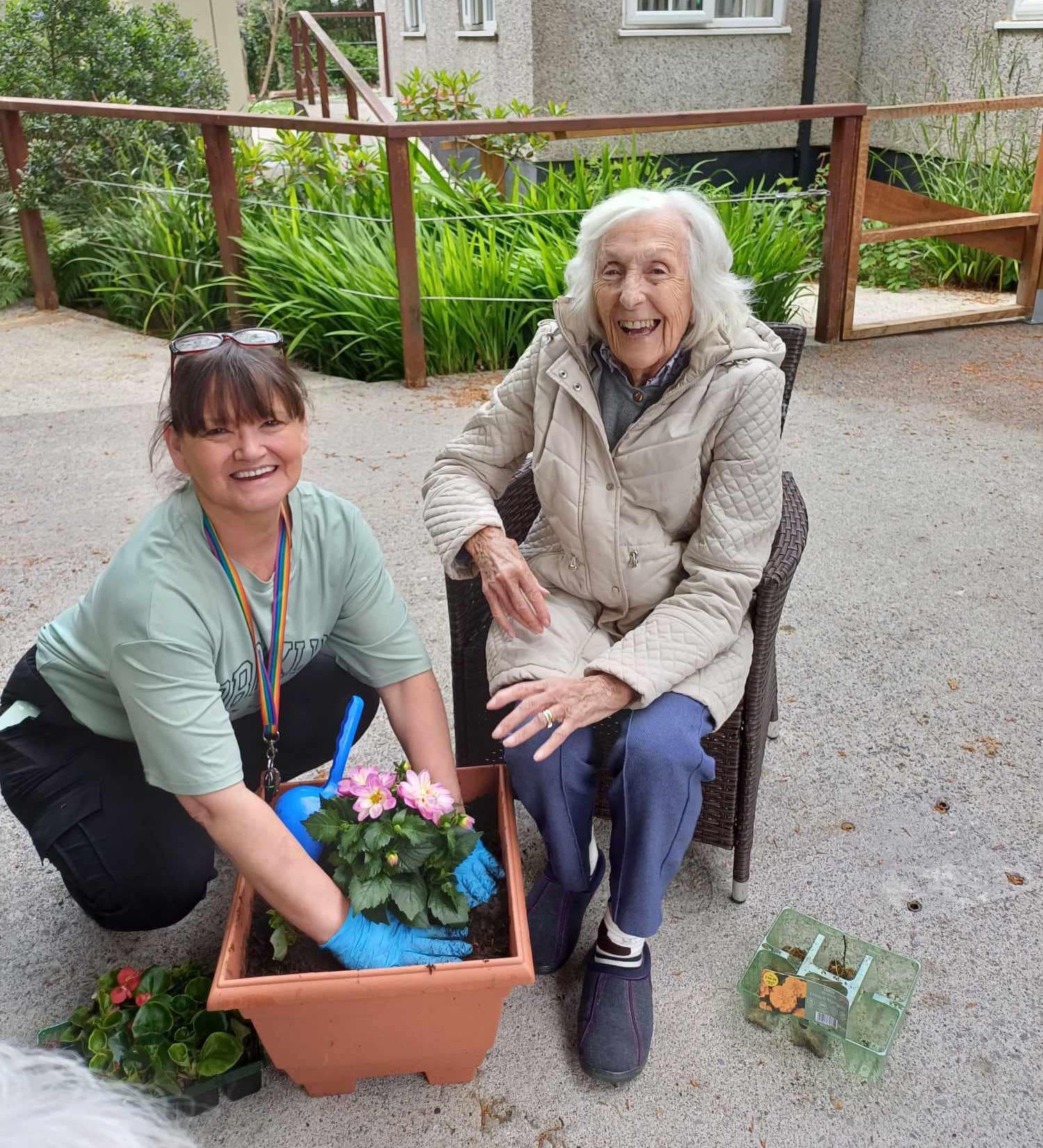 Planting flowers together in the garden