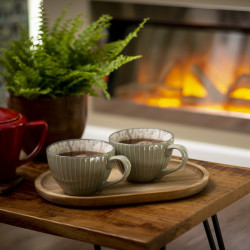 Tea cups, plant and fire