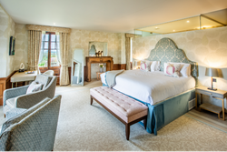 Spacious Bedroom with blue theme sofa chairs and bedding