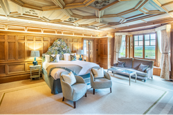 Spacious Bedroom with large window and sofas