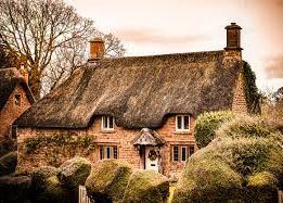 Traditional thatched-roof cottage surrounded by shrubbery and trees