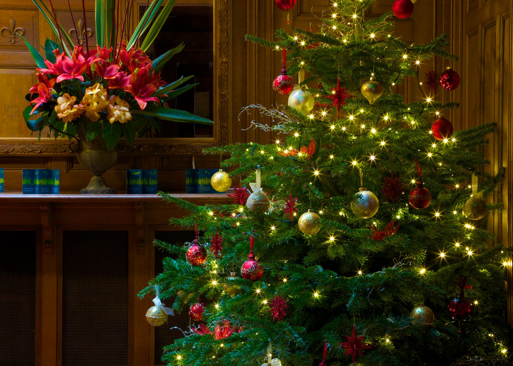 Christmas tree with lights and ornaments in a decorated room