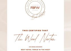 Certificate awarding The Wood Norton as Best Hotel Venue in the West by FBFW 2023 Wedding Awards