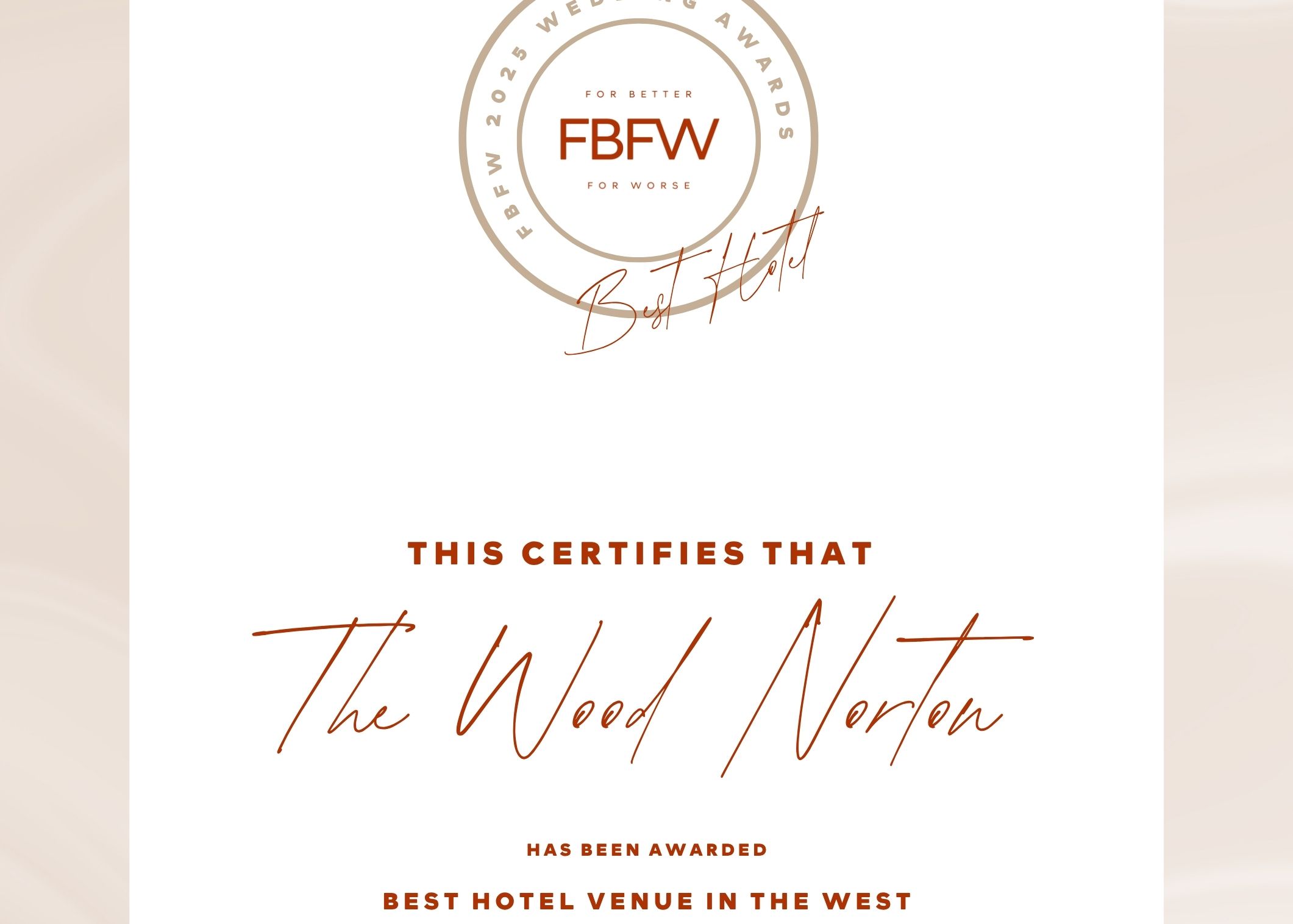 Certificate awarding The Wood Norton as Best Hotel Venue in the West by FBFW 2023 Wedding Awards
