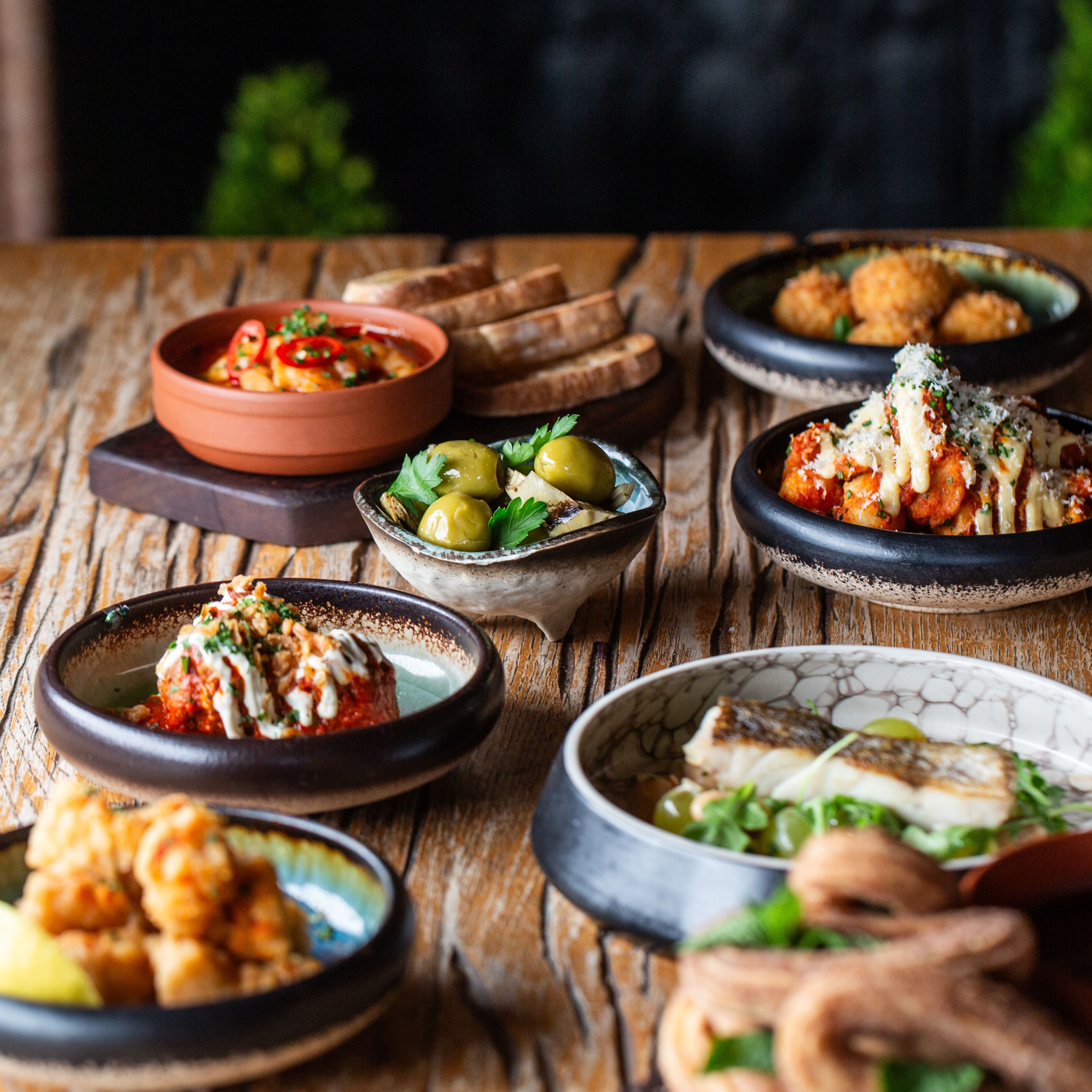 Assorted Spanish tapas dishes on a rustic wooden table