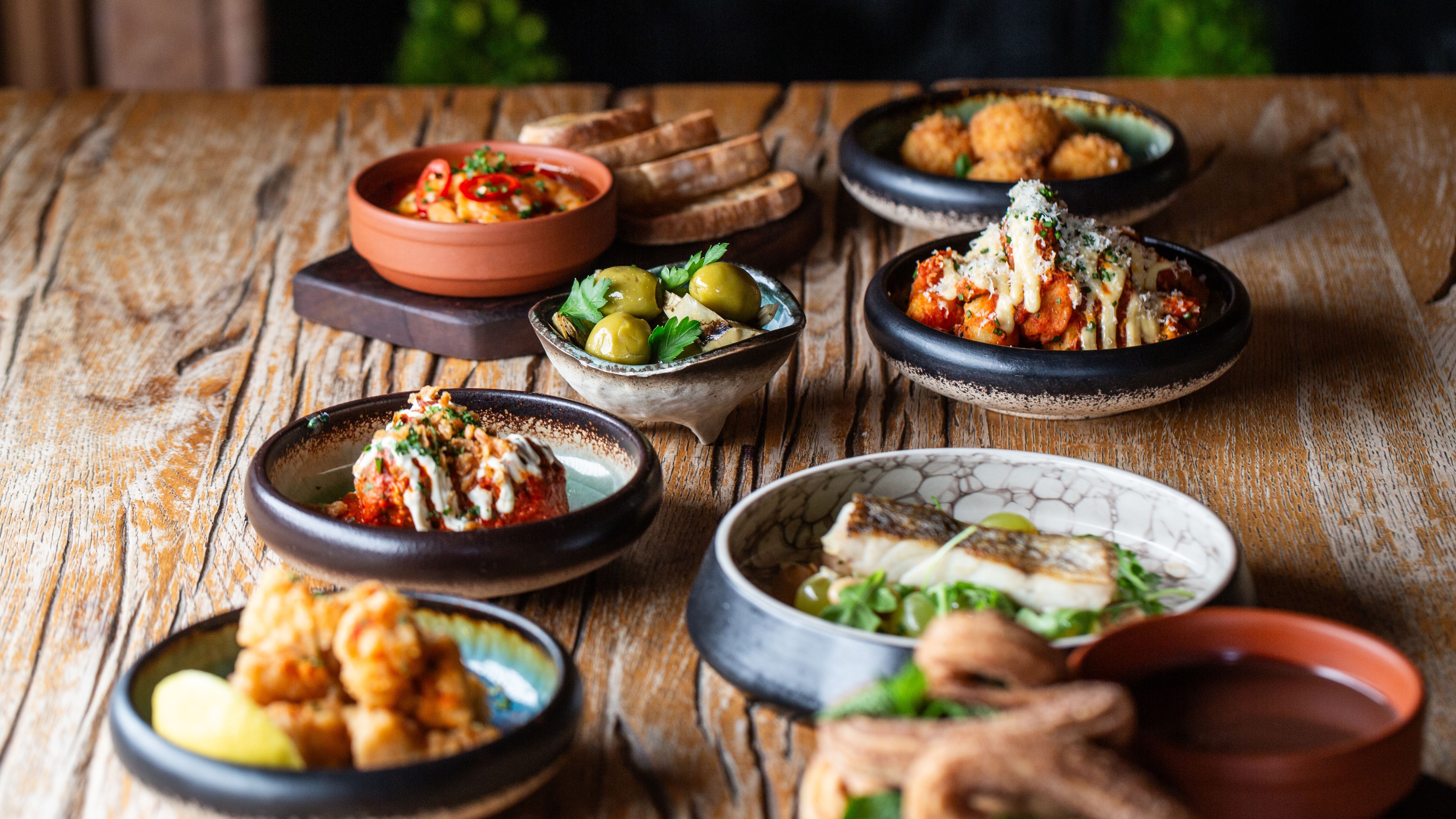 Assorted Spanish tapas dishes on a rustic wooden table