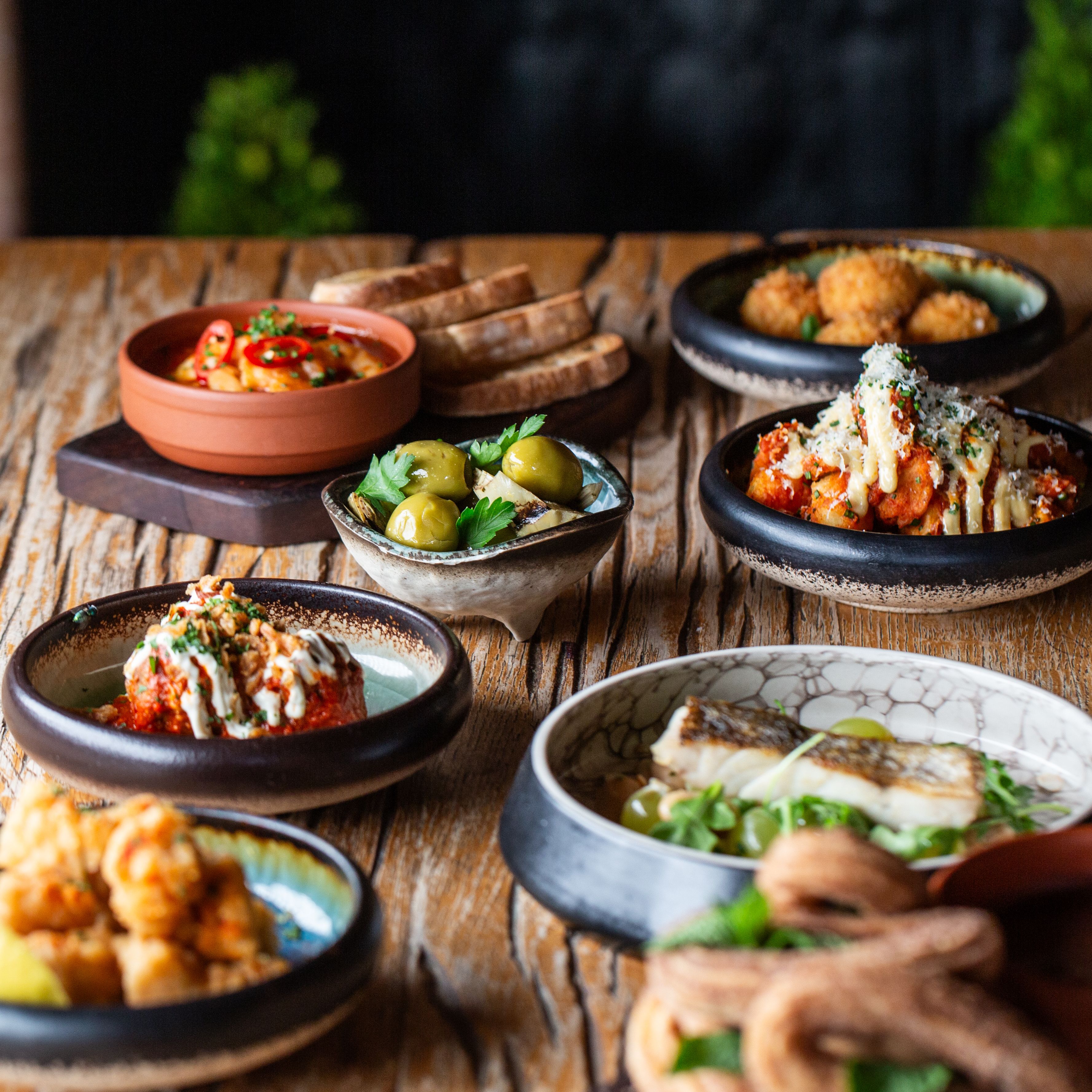 Assorted Spanish tapas dishes on a rustic wooden table