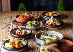 Assorted Spanish tapas dishes on a rustic wooden table