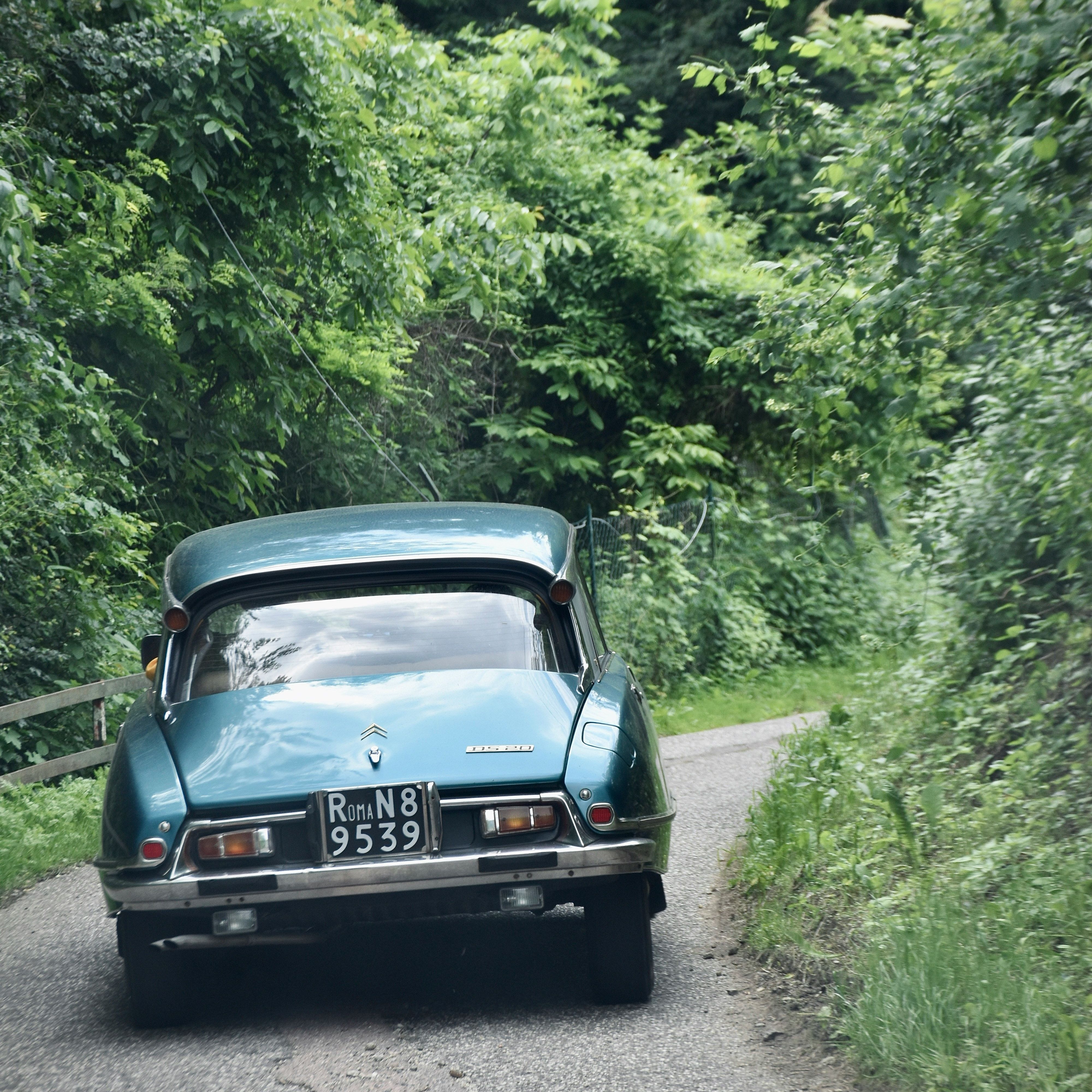 Vintage blue Citroën car driving on a narrow, winding road surrounded by lush green trees and foliage.