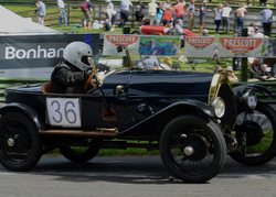 Vintage race car with the number 36 and a driver in a white helmet participating in a motorsport event with spectators in the background.