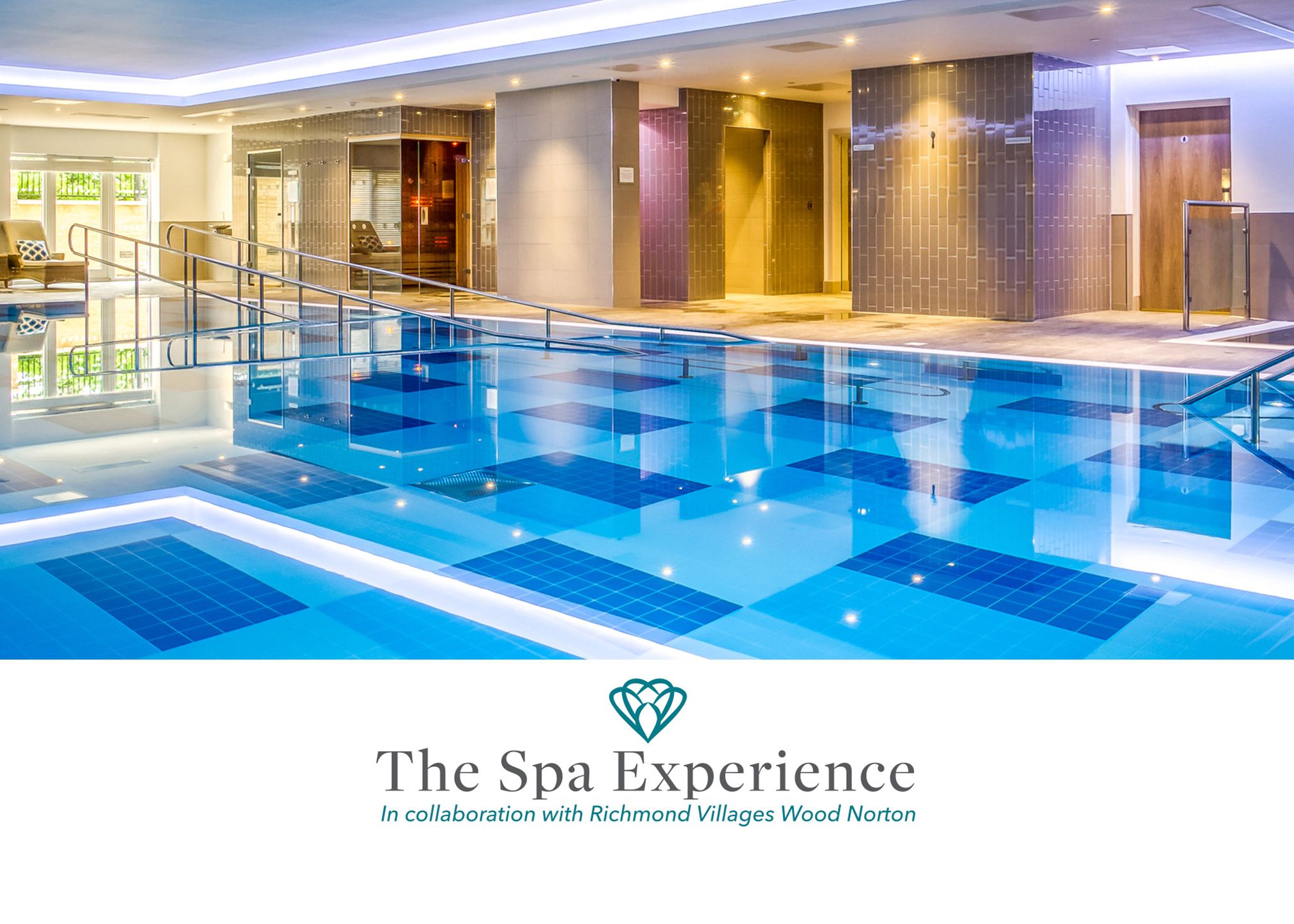 Indoor luxury spa pool area with lounge chairs and modern design elements