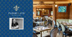 Fleur de Lys by Glynn Purnell restaurant interior with wooden panels, tables set for dining, and a blue patterned banner featuring the chef.