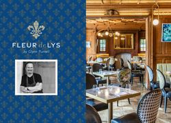 Fleur de Lys by Glynn Purnell restaurant interior with wooden panels, tables set for dining, and a blue patterned banner featuring the chef.
