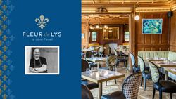 Fleur de Lys restaurant by Glynn Purnell, featuring an elegant dining room with wooden paneling, stylish seating, and a portrait of a chef.