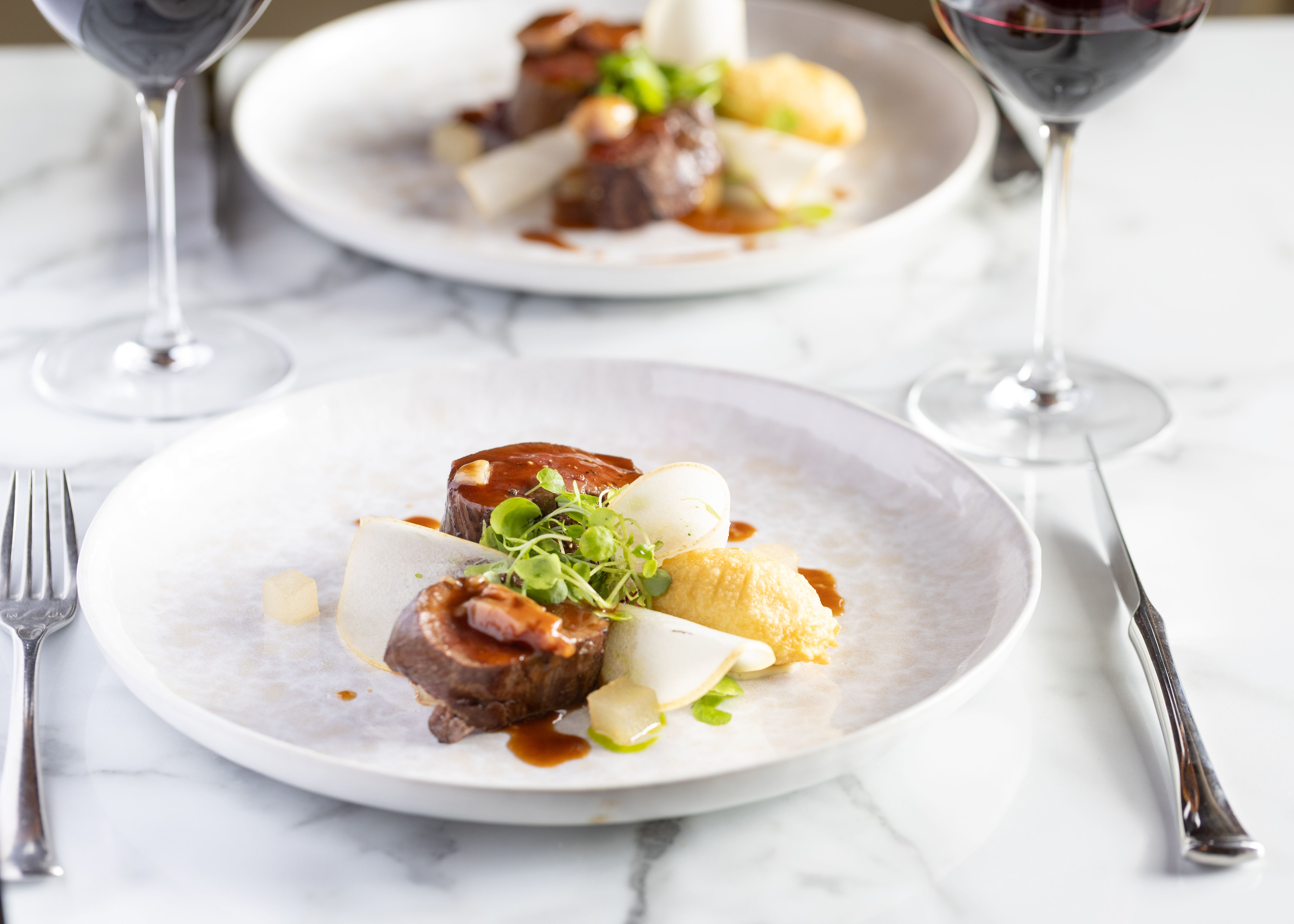 Elegant plated gourmet meal with red wine on a marble table