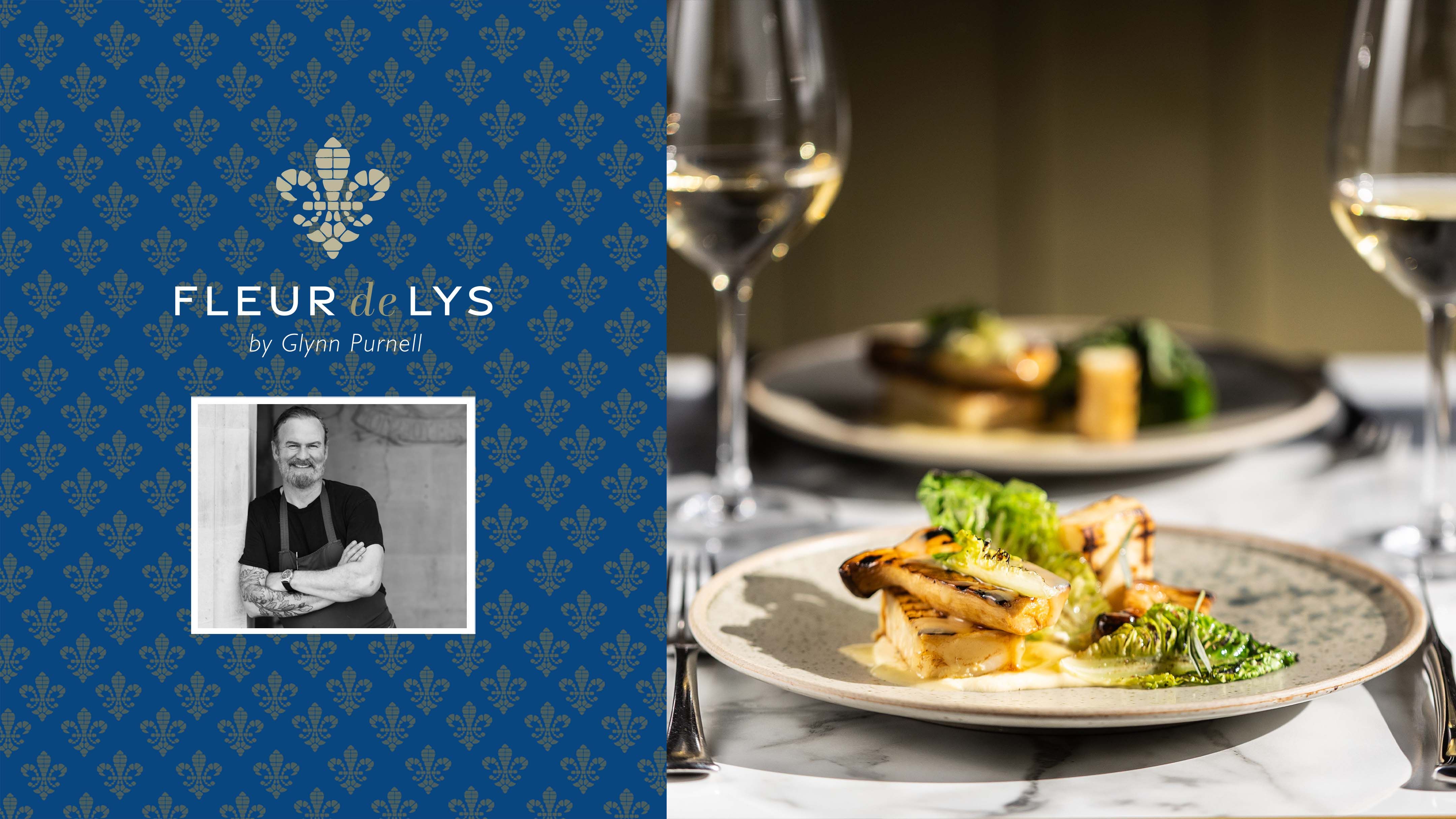 Fleur de Lys restaurant promotional image featuring a portrait of a chef, elegant blue patterned background, and a plate of gourmet food with wine glasses on a marble table.