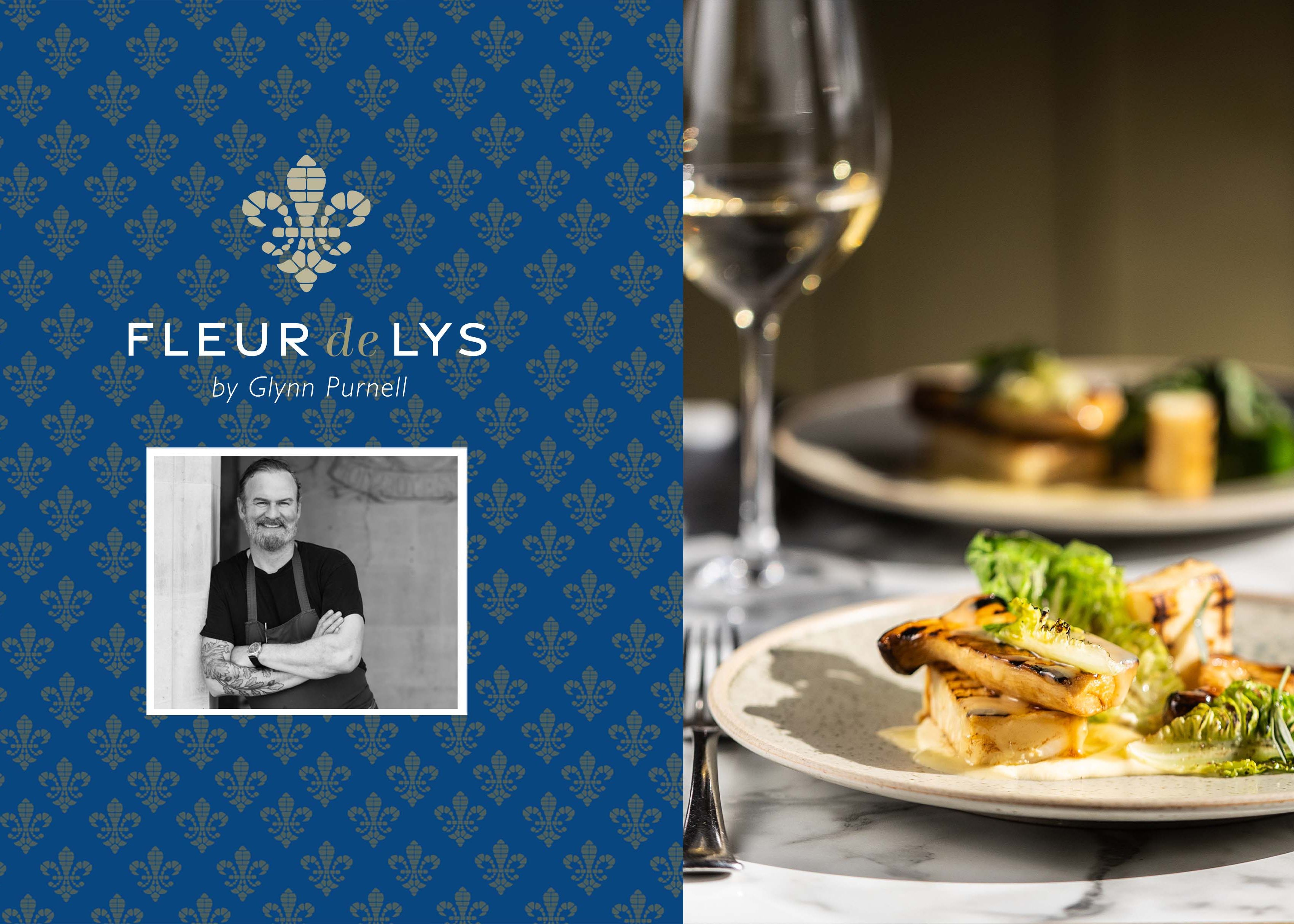Fleur de Lys restaurant promotional image featuring a portrait of a chef, elegant blue patterned background, and a plate of gourmet food with wine glasses on a marble table.