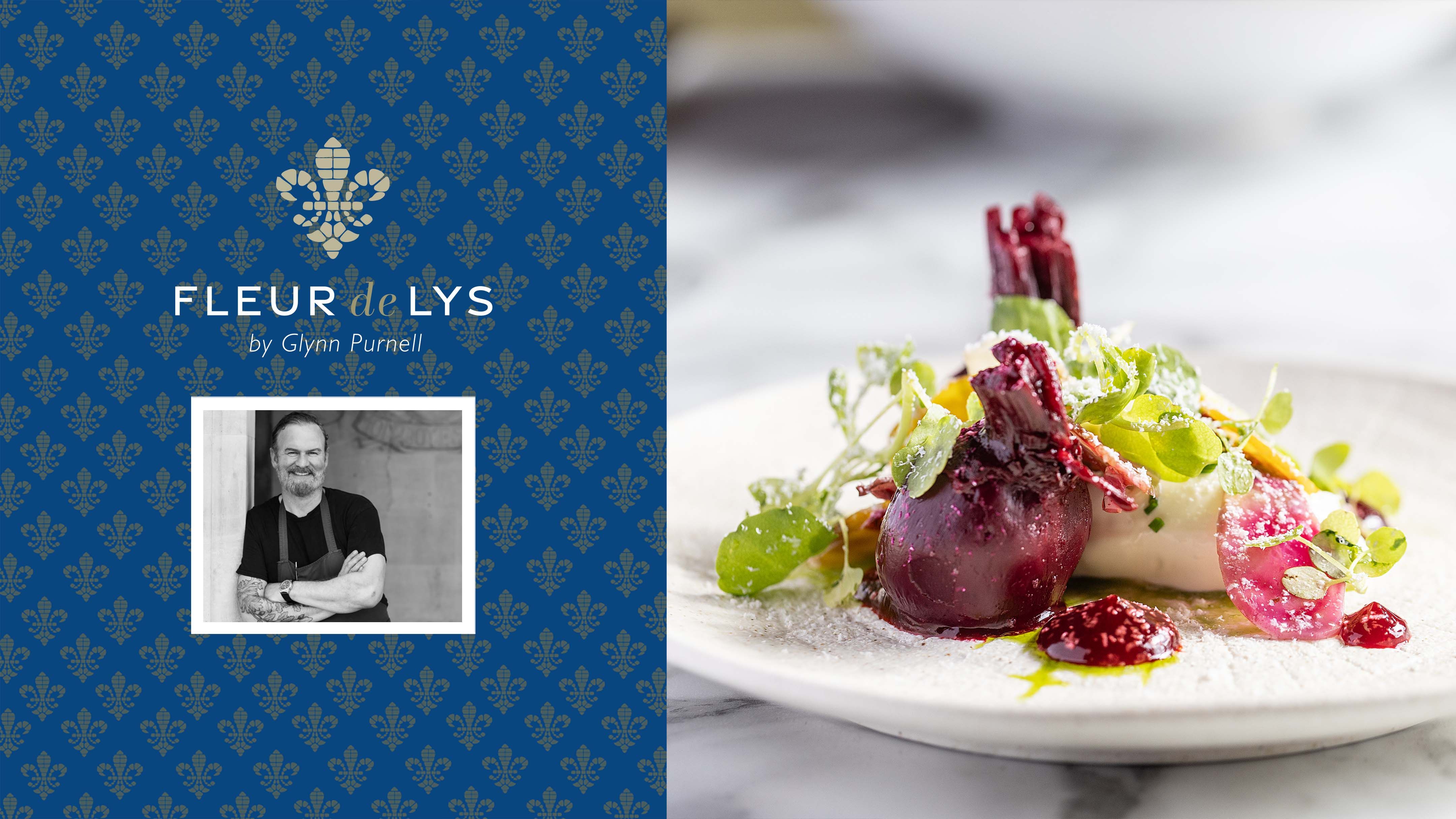 Fleur de Lys restaurant banner featuring a headshot of a chef and a plated gourmet dish.
