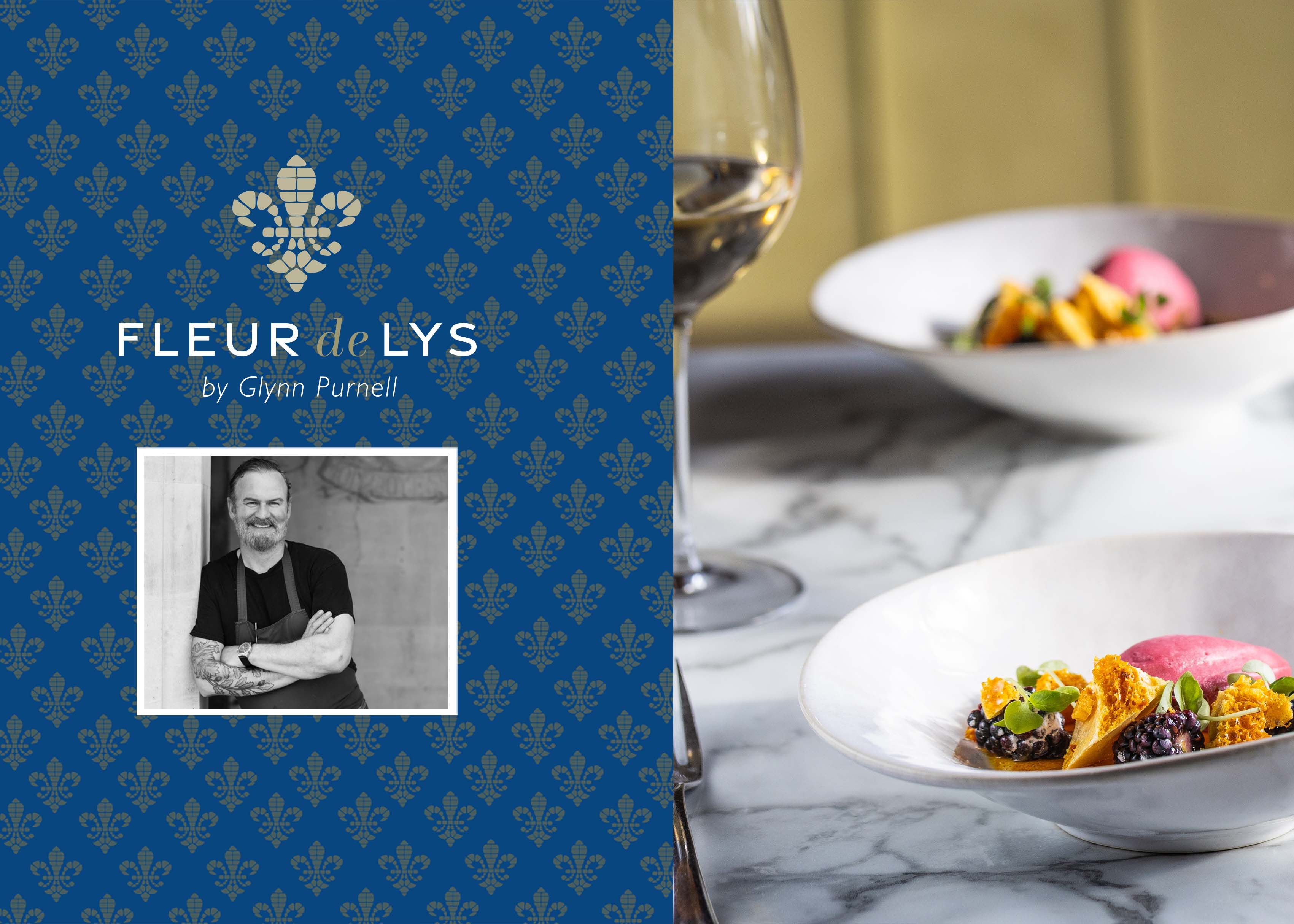 Fleur de Lys by Glynn Purnell promotional image with chef photo and gourmet plated dish