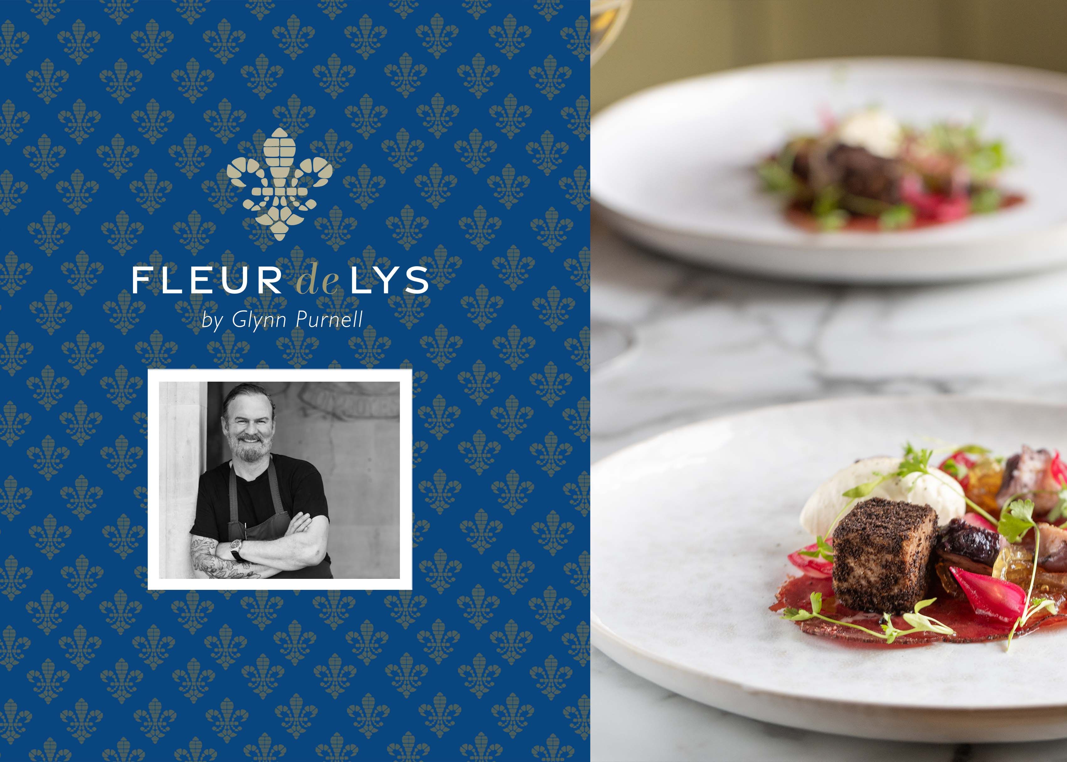Fleur de Lys by Glynn Purnell banner with a portrait of a chef and a gourmet dish on a marble table