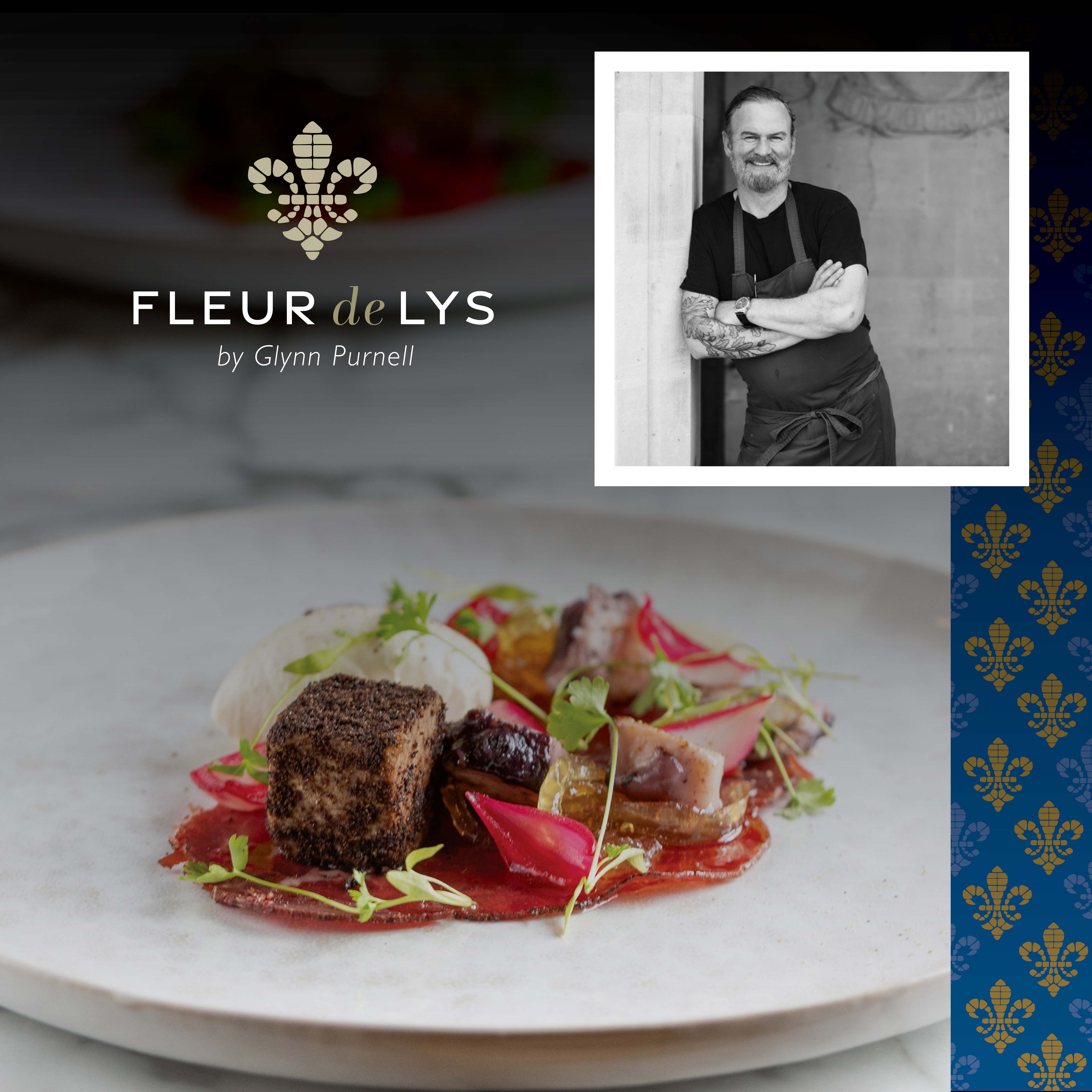 Fleur de Lys by Glynn Purnell logo with a gourmet dish and a black-and-white photograph of a smiling chef standing with arms crossed.