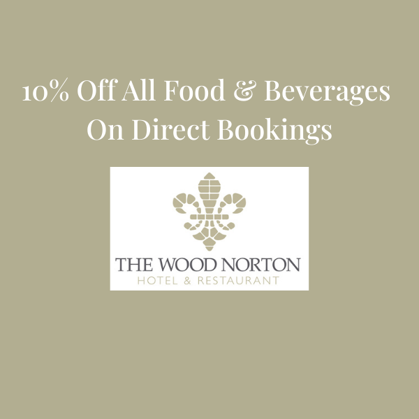 Promotional graphic offering 10% off all food and beverages on direct bookings at The Wood Norton Hotel & Restaurant
