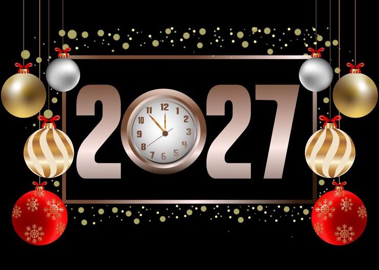 Happy New Year 2027 design with a clock in the zero and hanging Christmas baubles on a black background